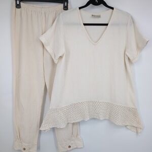 Cotton Ways Cream Gauze 2 Piece Set V-Neck Lace Hem Top & Button Cuff Pants